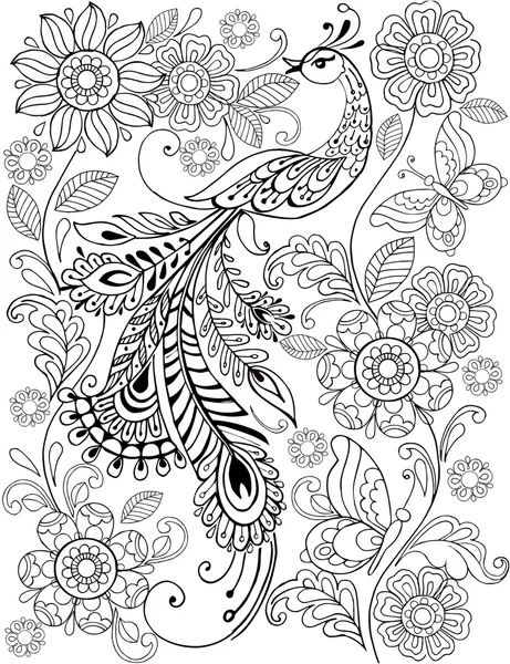 Oiseau fantastique dessiné à la main pour anti stress Coloriage Page. Illustration vectorielle monochrome . — Image vectorielle