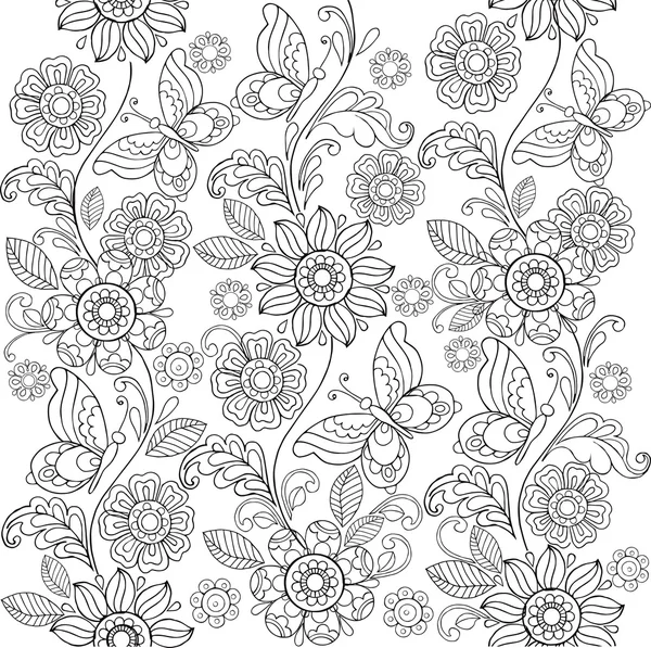 Fleurs et papillons dessinés à la main pour la coloration anti stress . — Image vectorielle