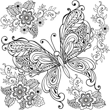 Çizilmiş dekoratif el kelebek çiçek için sayfa boyama anti stres ile.