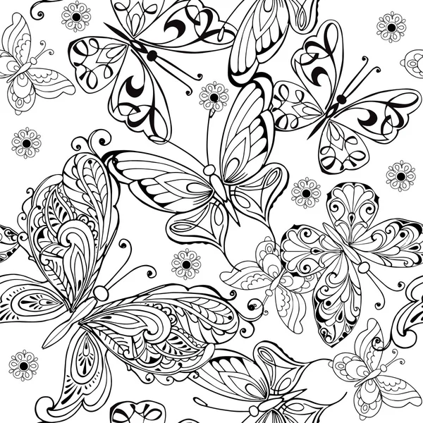 Dessin à la main motif sans couture de papillons. Modèle vectoriel sans couture de papillons pour la page de coloration anti stress . — Image vectorielle