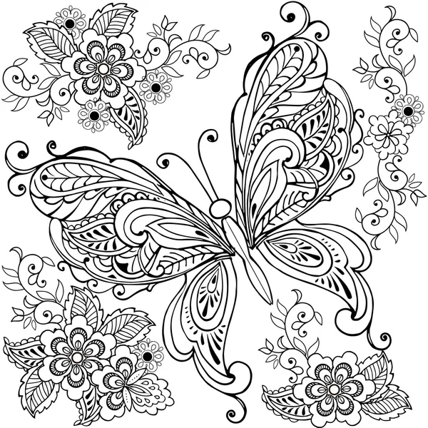 Papillon décoratif dessiné à la main avec des fleurs pour la coloration anti stress . — Image vectorielle