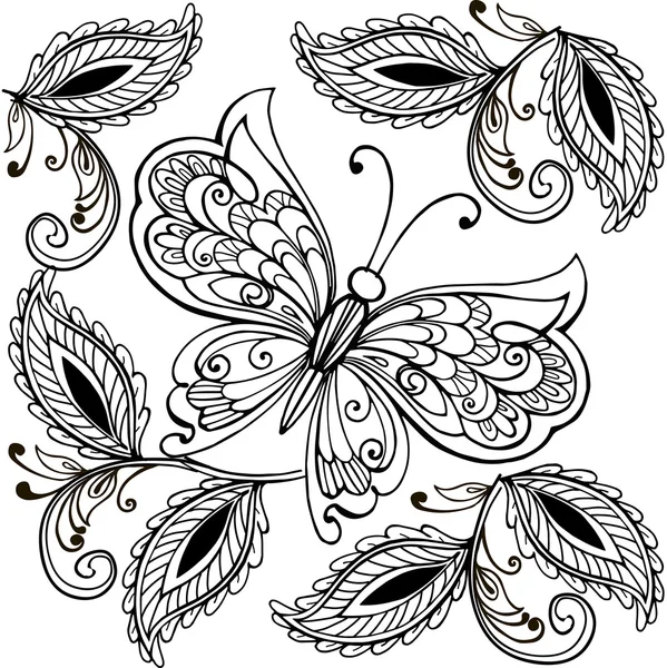 Papillon dessiné à la main et feuilles décoratives adultes anti stress pages à colorier, impression de t-shirt. Boho, conception de tatouage au henné . — Image vectorielle