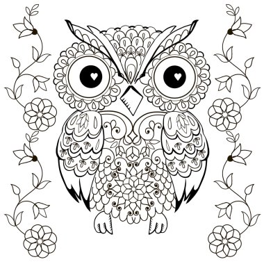 Dekoratif baykuş çiçek süslemeli. Yetişkin anti-stres boyama sayfası.