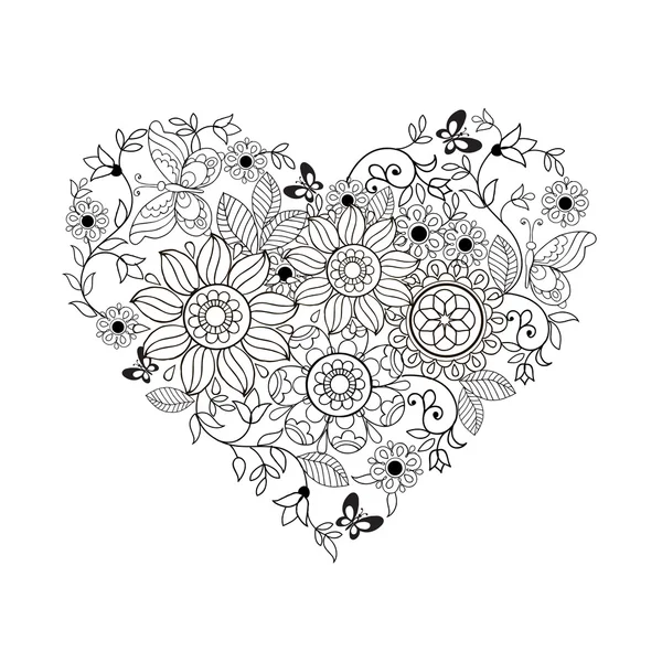 Coeur de fleurs et de papillons pour les livres à colorier pour adultes et enfants plus âgés. T-shirt imprimé. Illustration vectorielle . — Image vectorielle