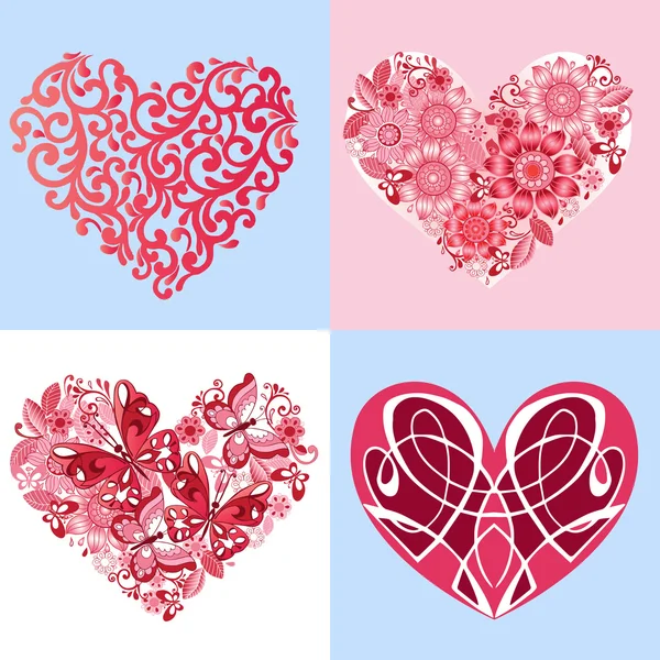 Set of decorative hearts on blue and pink background. — Stock Vector