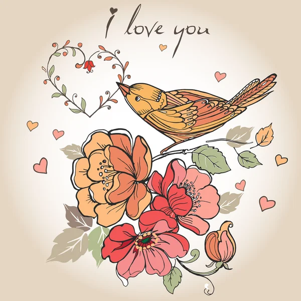 Vintage vykort blommor, fåglar, hjärtan, jag älskar dig. Kan användas för kort, inbjudningar, banners, mall för design och dekoration, etc. — Stock vektor