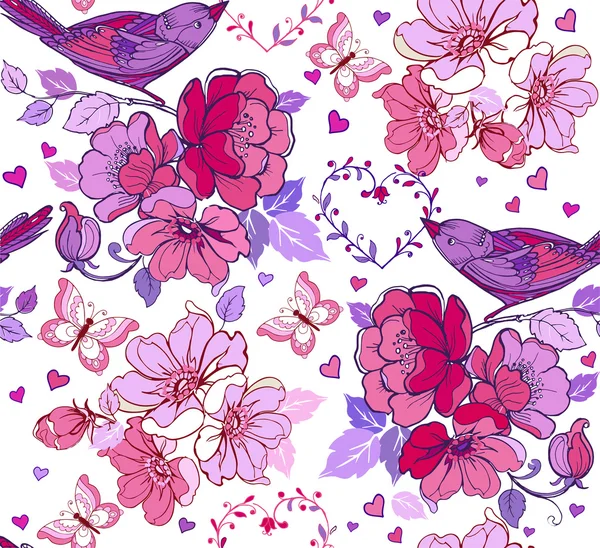矢量无缝模式心与紫色的鸟。织物，纺织，包装纸装饰背景. — 图库矢量图片
