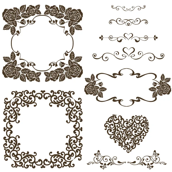 Ensemble de design vectoriel Eléments, Cadre vintage avec roses pour carte de vœux, invitation . — Image vectorielle