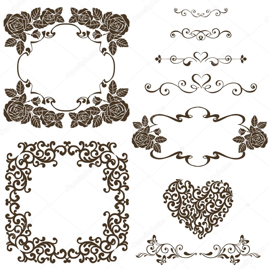 Set of vector design Elements, Vintage frame with roses for greeting card, invitation.