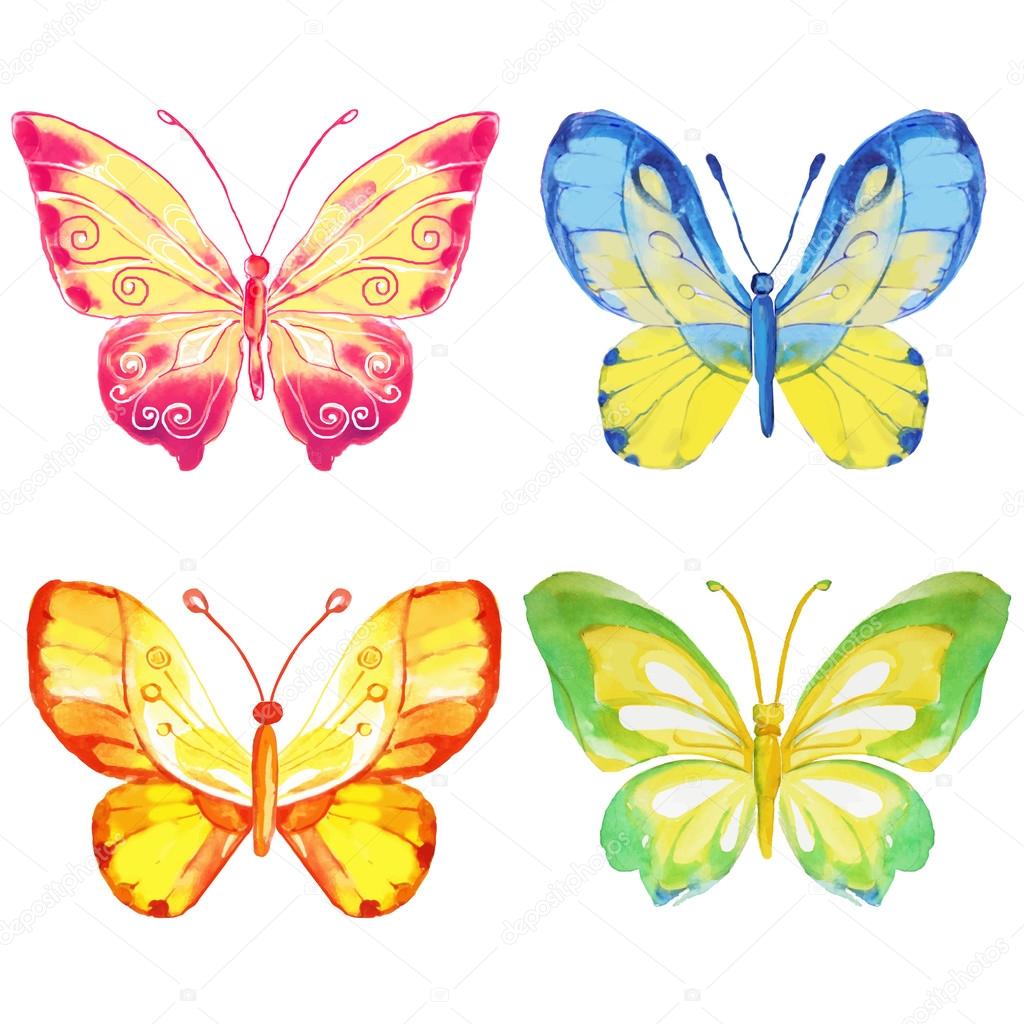 Watercolor butterflies set isolated on white. Vector illustration.