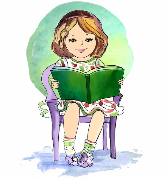 Gadis muda membaca buku. cat air - Stok Vektor