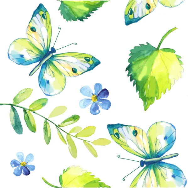 Farfalle e foglie acquerello.Vettore modello primavera senza soluzione di continuità — Vettoriale Stock