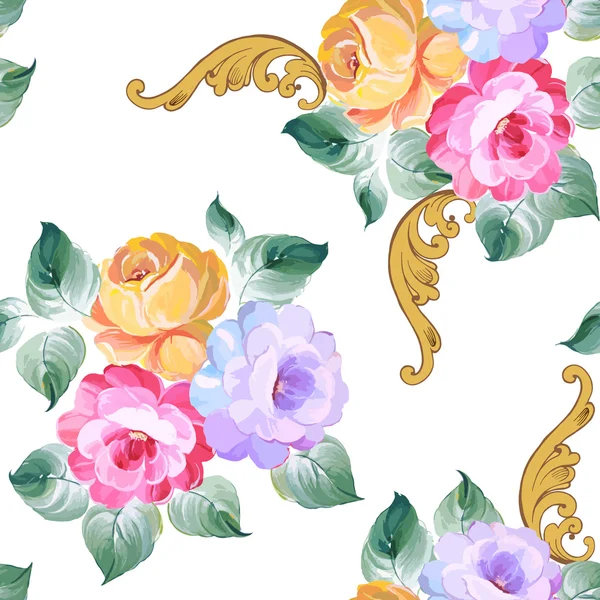 无缝装饰玫瑰与巴洛克风格元素 — 图库矢量图片