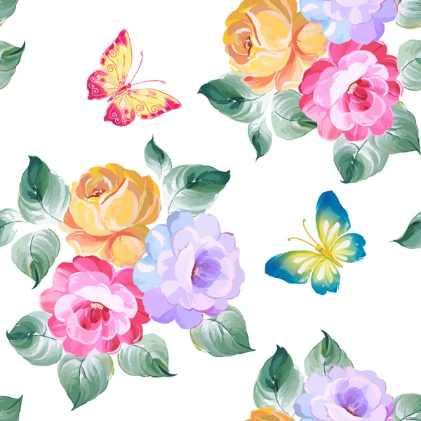 Varrat nélküli mintát rózsák és a pillangók. Akvarell festészet. Vektoros illusztráció. — Stock Vector