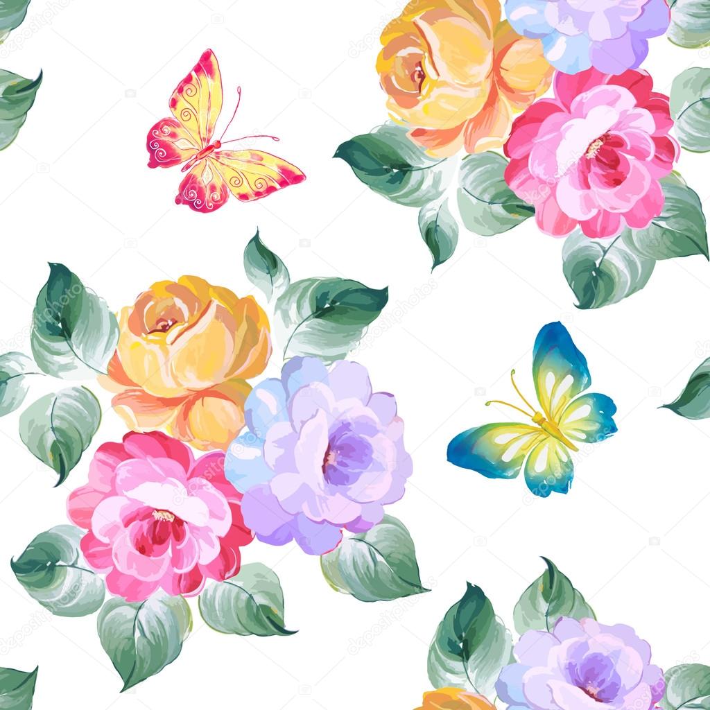 Seamless pattern roses and butterflies. Watercolor painting. Vector illustration.