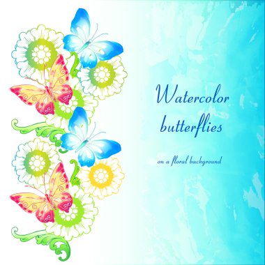 Çiçek bir arka plan üzerine suluboya kelebekler.