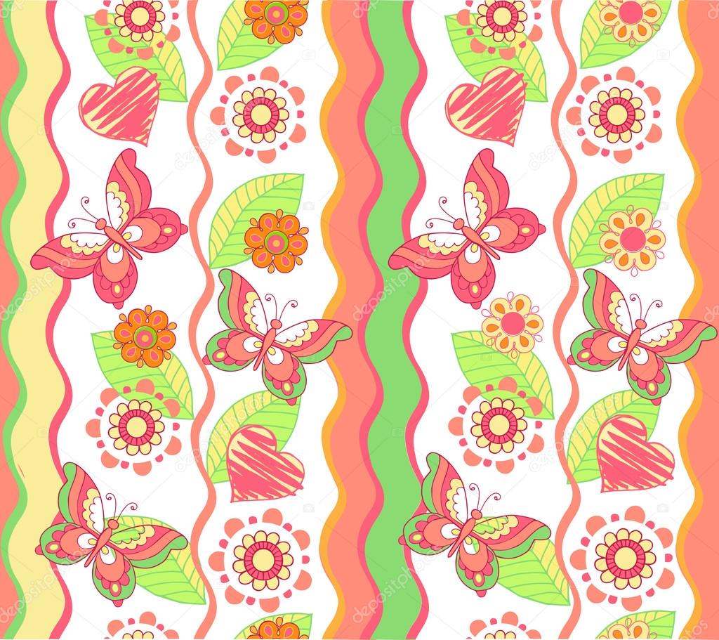 Set of vector background with butterflies, hearts and stripes. Seamless pattern for your wallpaper design, patterns, background web page backgrounds, textures.
