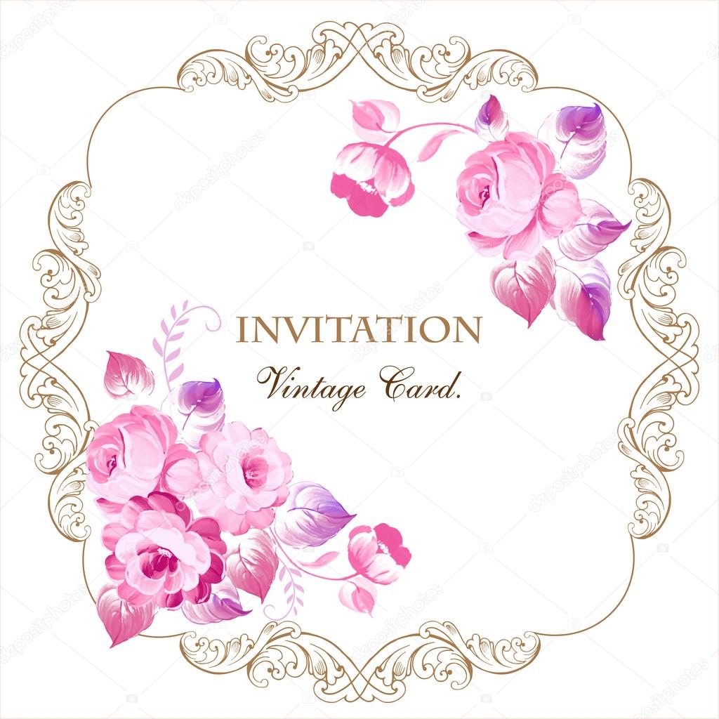 Beautiful frame with pink roses in vintage style on a white background. For wedding cards, invitations.