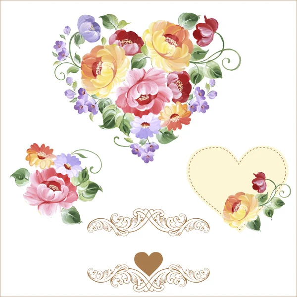 Multicolor set van harten met rozen en bloemen. Lente of zomer ontwerp voor uitnodiging en wenskaarten — Stockvector