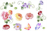 Set Aquarell florale Elemente - Blätter und Blumen, Schmetterlinge in Vektor. isoliert auf weißem Hintergrund, leicht bearbeitbar und ideal für florale Kompositionen. Design für Einladung, Hochzeit oder Grußkarten.