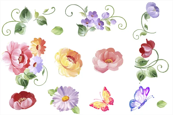 Conjunto de elementos florales acuarela - hojas y flores, mariposas en vector. Aislado en el fondo blanco, fácil de editar y ideal para composiciones florales. Diseño para invitaciones, bodas o tarjetas de felicitación. . — Archivo Imágenes Vectoriales