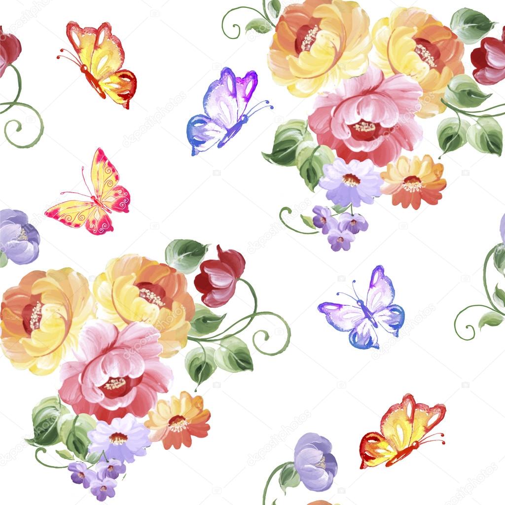 Summer Seamless Watercolor Pattern with bouquet flowers on a White Background.  Peonies, roses, butterflies. Vector illustration.