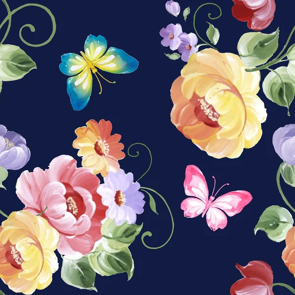 ดอกกุหลาบและผีเสื้อแบบไร้รอยต่อบนพื้นหลังสีฟ้าเข้ม ภาพวาดสีน้ํา รูปแบบเวกเตอร์ . — ภาพเวกเตอร์สต็อก