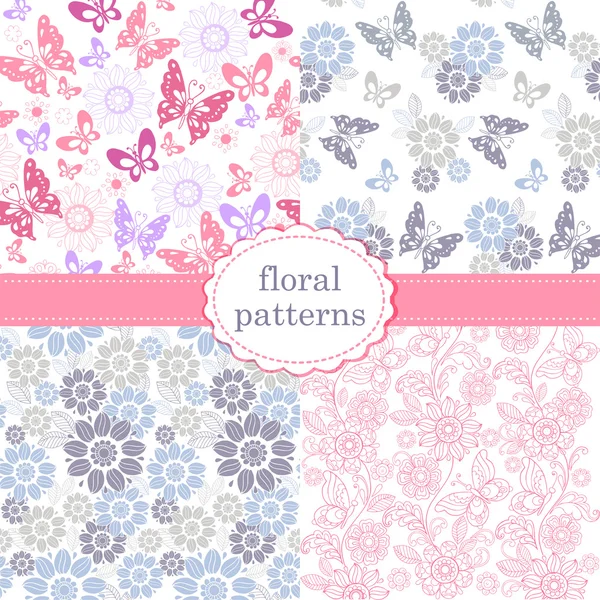 Set of patterns of flowers and butterflies in pastel pink and blue tones. Set of seamless vector patterns. — Stock Vector