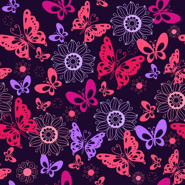 Süße rosa Schmetterlinge auf blauem Hintergrund. nahtlose Muster von Blumen und Schmetterlingen. Vektorillustration. — Stockvektor