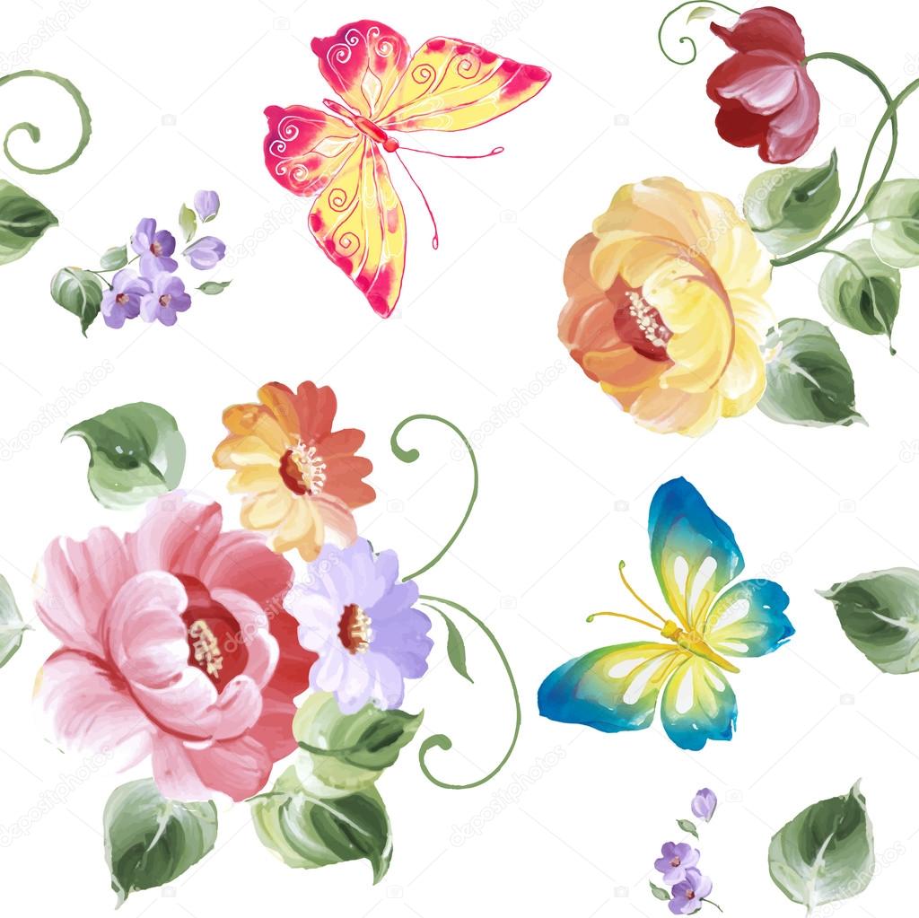 Colorful floral seamless pattern with butterflies. Watercolor painting. Vector illustration.