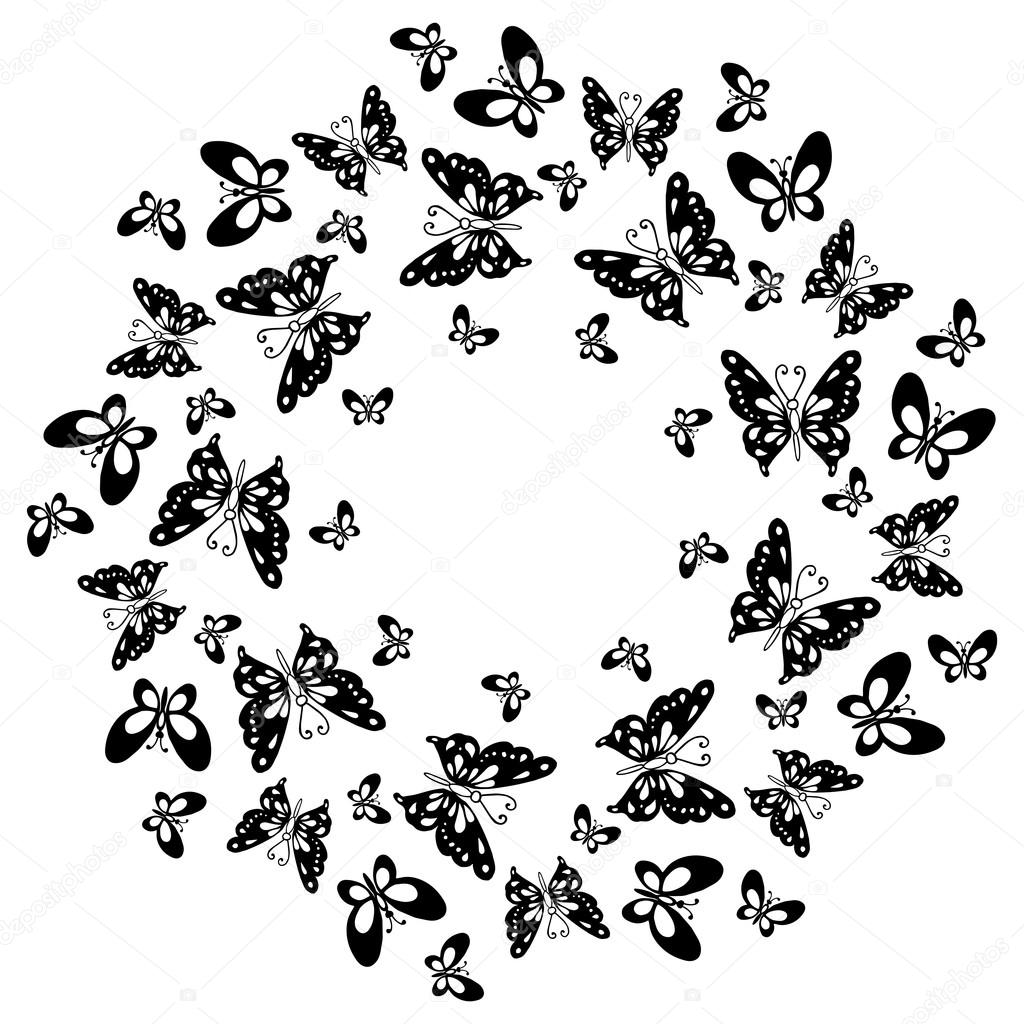 Butterfly circular pattern. Wreath of black butterfly isolated on white.