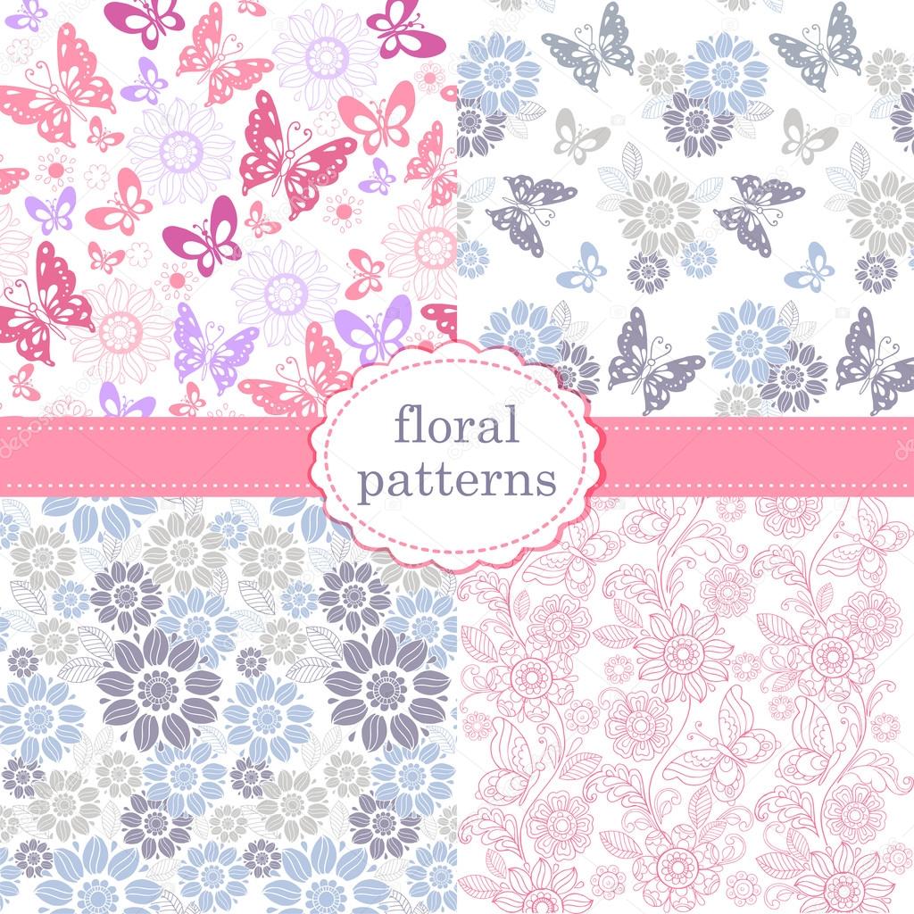 Set of patterns of flowers and butterflies in pastel pink and blue tones. Set of seamless vector patterns.