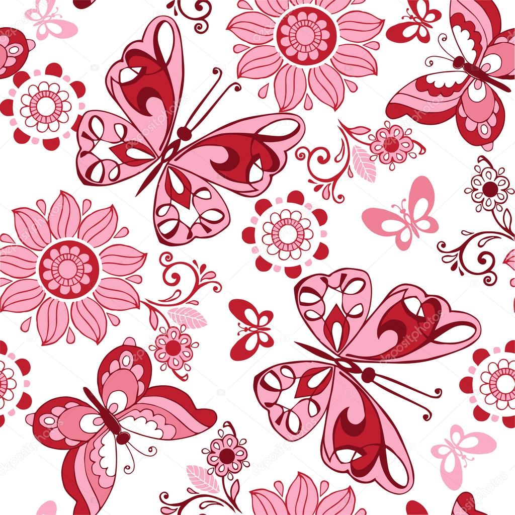 Pink floral seamless ornament with butterflies. Decorative ornament backdrop for fabric, textile, wrapping paper.