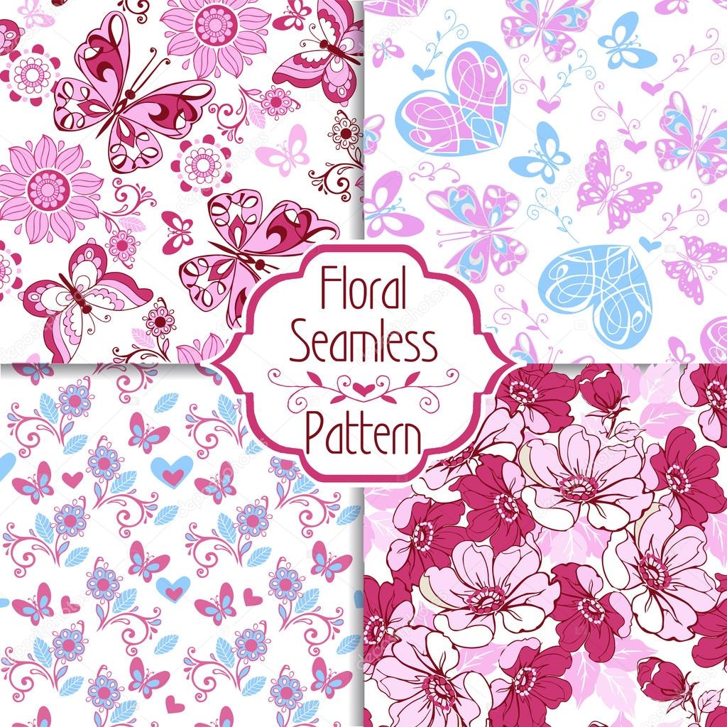 Collection of floral seamless pattern with decorative hearts and butterflies. Decorative ornament backdrop for fabric, textile, wrapping paper.