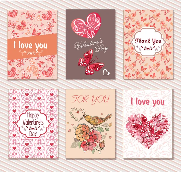 Vector set wenskaarten met harten, vlinders en bloemen. Geschikt voor uitnodigingen, groeten voor een Happy Valentijnsdag, Mother's Day. — Stockvector