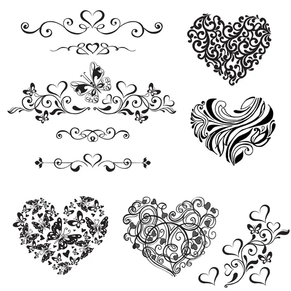 Conjunto vectorial de corazones decorativos, viñeta, elementos decorativos vintage . — Archivo Imágenes Vectoriales