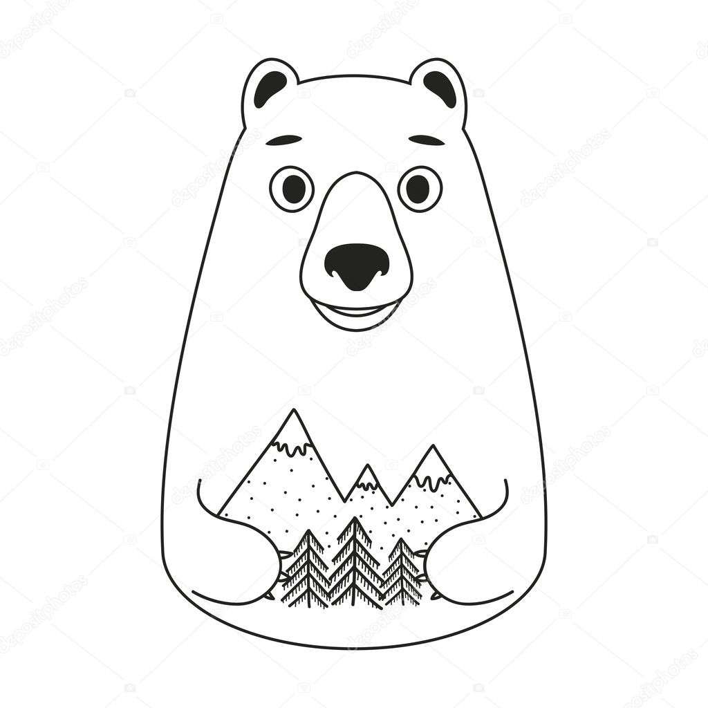 Vector illustration with cute white bear holding pine trees and mountains. Black and white print design, home decoration poster. Ecology save the nature concept