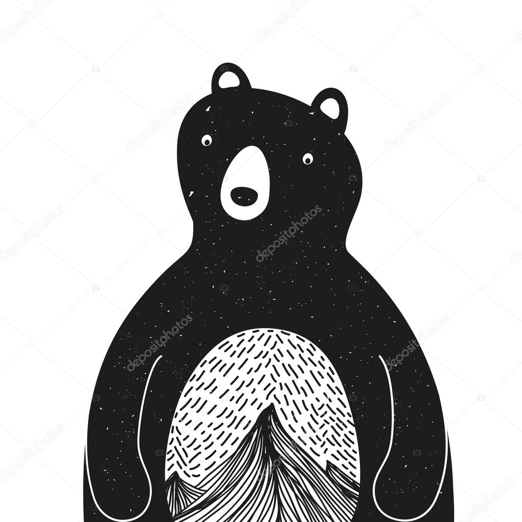 Vector illustration with cute cartoon style bear. Mountains inside. Black and white vintage style print design, home decoration poster