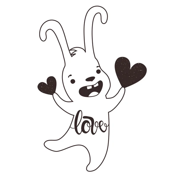 Bunny holding hearts, word Love inside — Stock Vector