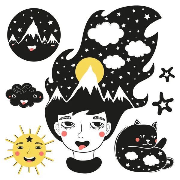 Chica con montañas, la luna y las estrellas en el interior — Vector de stock