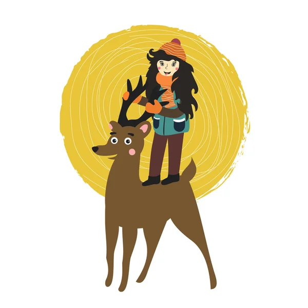 スマイリー顔鹿と長い髪の少女 — ストックベクタ