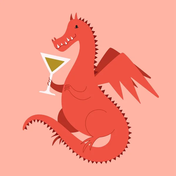 用红龙喝鸡尾酒的矢量图解 有趣的派对平面设计 带有魔法和神秘动物的酒吧墙壁装饰海报 — 图库矢量图片