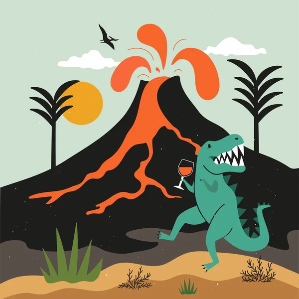 Ilustracja Wektorowa Tańczącym Dinozaurem Tyranozaurem Trzymającym Kieliszek Wina Czerwonym Winem — Wektor stockowy