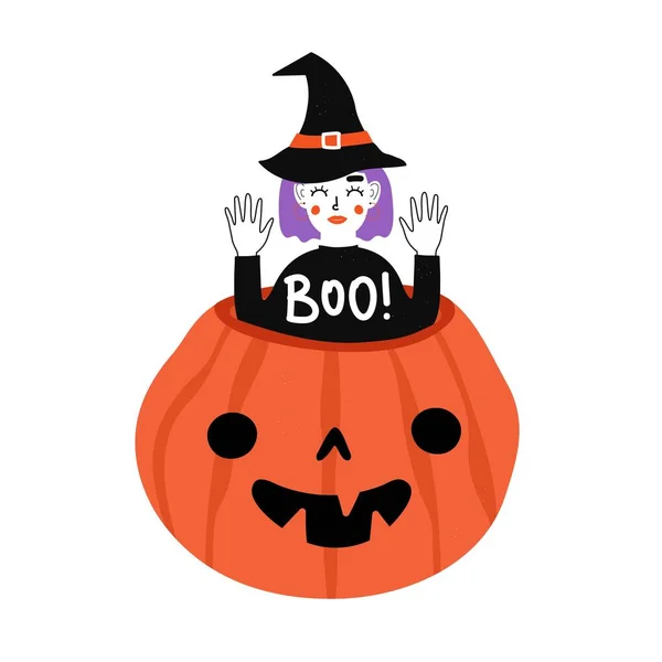 Design Impressão Halloween Engraçado Com Bruxa Cabelo Roxo Sentado Abóbora — Vetor de Stock