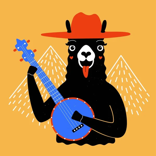 Ilustración Vectorial Con Llama Sombrero Rojo Jugando Banjo Azul Montañas — Archivo Imágenes Vectoriales