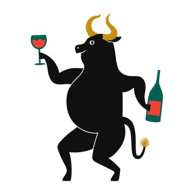 Dans eden siyah boğa, şarap şişesi ve camla vektör partisi illüstrasyonu. Mutlu öküz yılı baskı şablonları, hayvanlı tebrik kartı tasarımı