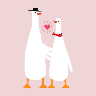 Vector illustration with romantic couple of gooses in hat and scarf. Funny print design with animals and heart. clipart