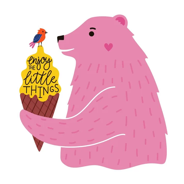 ピンクのクマ アイスクリームコーンと小さな鳥とベクトルイラスト 小さなことをお楽しみくださいレタリングフレーズ 動物と甘い夏のデザートと色のタイポグラフィのポスター — ストックベクタ