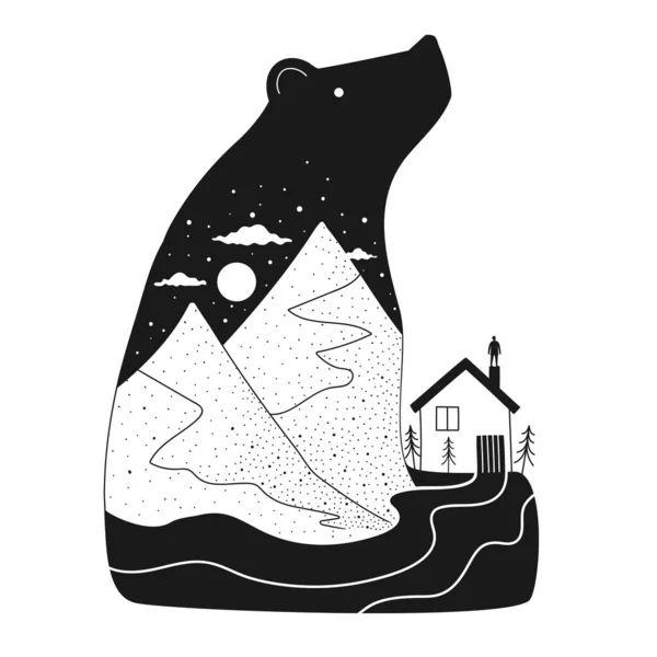 Ilustración Vectorial Con Oso Montañas Hombre Casa Diseño Estampado Blanco — Vector de stock