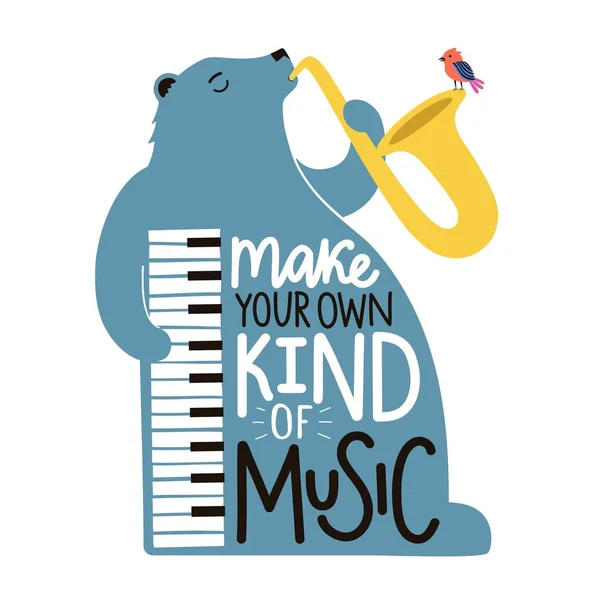 Ilustração Vetorial Com Passarinho Urso Azul Tocando Saxofone Piano Faça —  Vetores de Stock